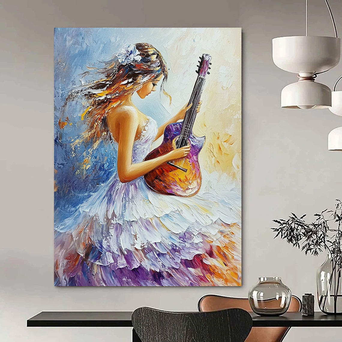 Contemporary abstract oil painting featuring a girl in a flowing white and purple dress playing guitar with vibrant colors and delicate brushstrokes. DLZ1658