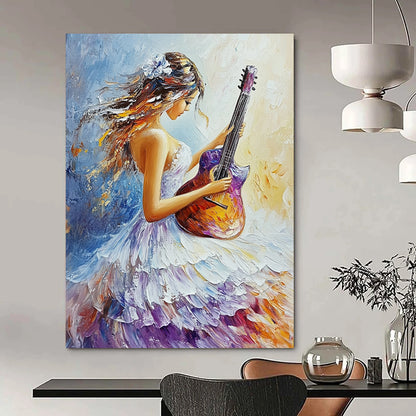 Contemporary abstract oil painting featuring a girl in a flowing white and purple dress playing guitar with vibrant colors and delicate brushstrokes. DLZ1658