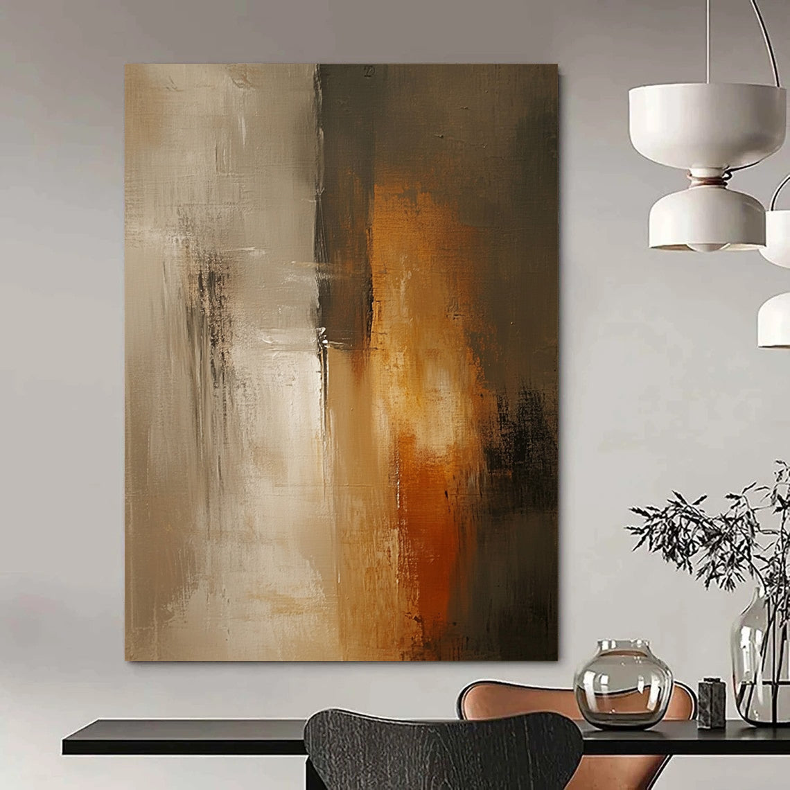 Contemporary abstract painting with soft beige and grey tones features tall vertical elements, blurred edges, and a textured surface against a dark gray wall. DLZ0560