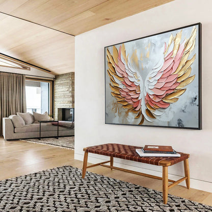 “Textured Angel Wings Abstract” - Gold, Pink, White with 3D Wings - Painting On Canvas HB1398