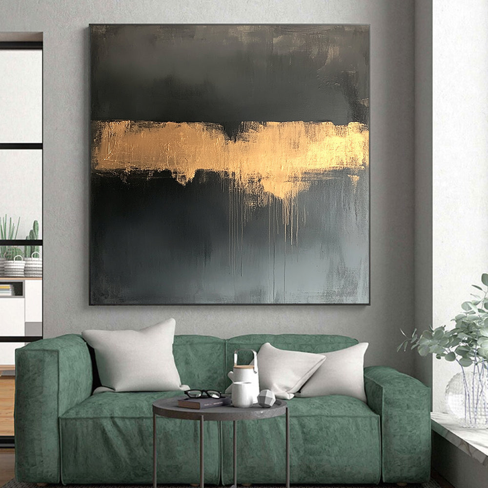 Black, Gold, Gray, Dripping Gold "Gilded Drip" Abstract Expressionist Painting On Canvas HB116