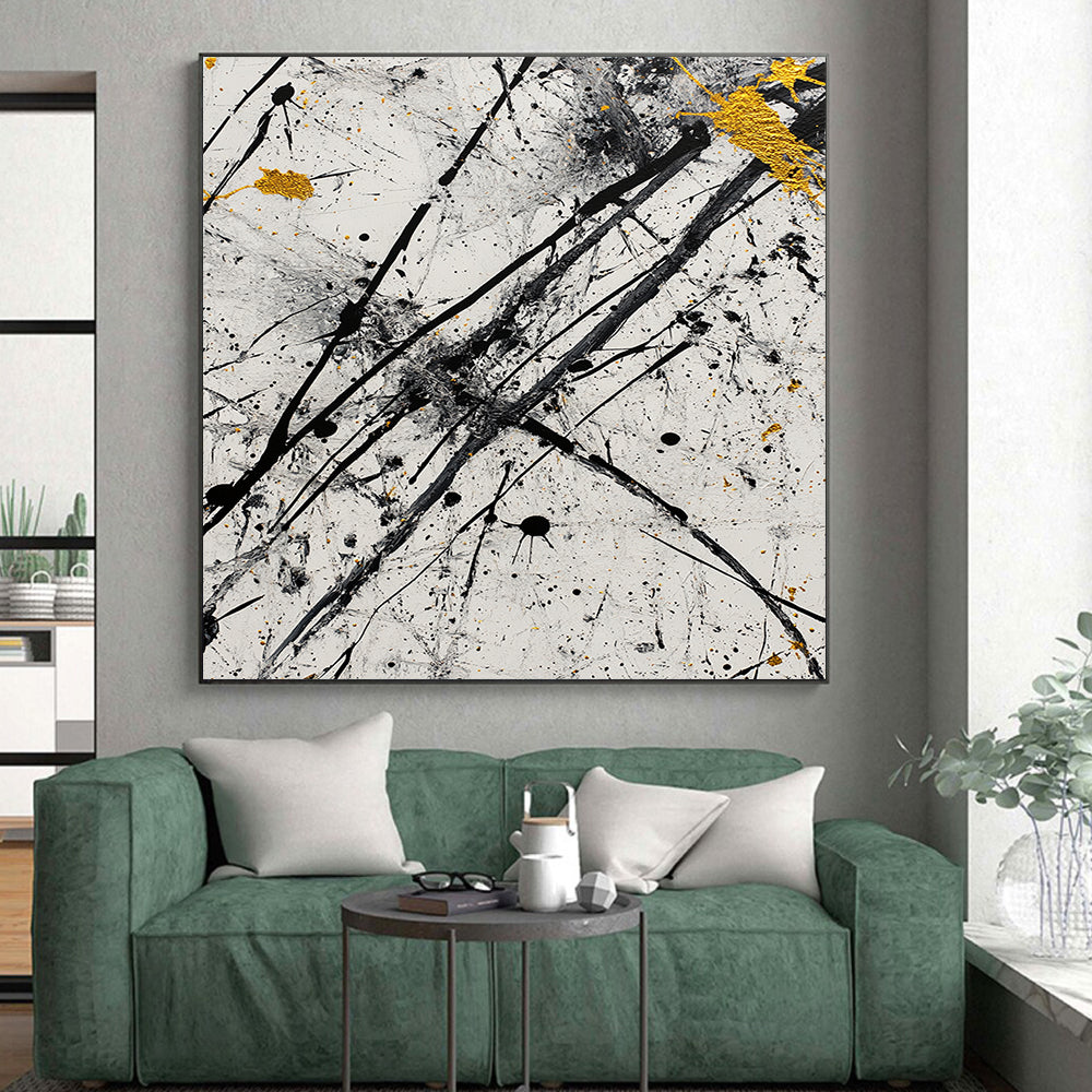 Black, White, Gray, Gold, Dynamic Drips "Starry Chaos" Abstract Pollock - Inspired Painting On Canvas HB064