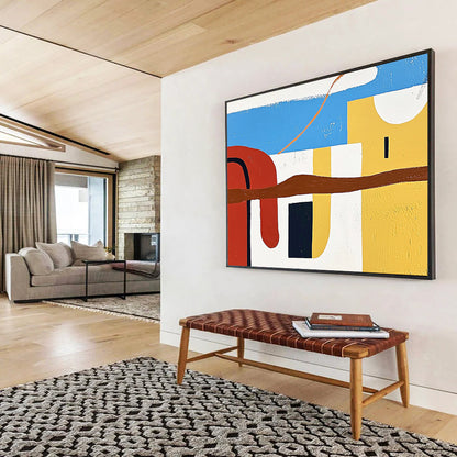 “Colorful Abstract Landscape” - Blue, Red, Yellow, Brown, White - Abstract Geometric Landscape - Acrylic Painting HB1314
