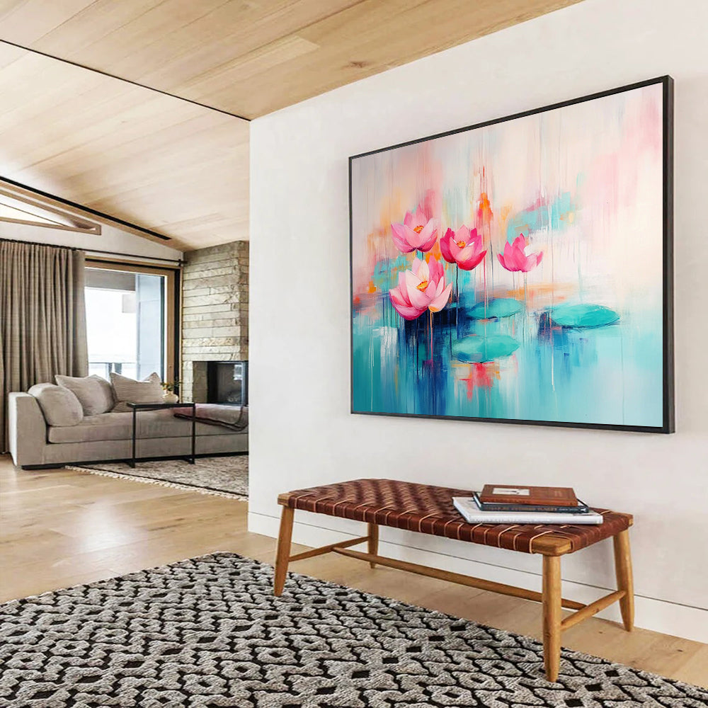“Pastel Lotus Serenity” - Soft pinks, turquoises, oranges; Dreamy lotus flowers, pond; Impressionistic Floral Painting On Canvas HB1159