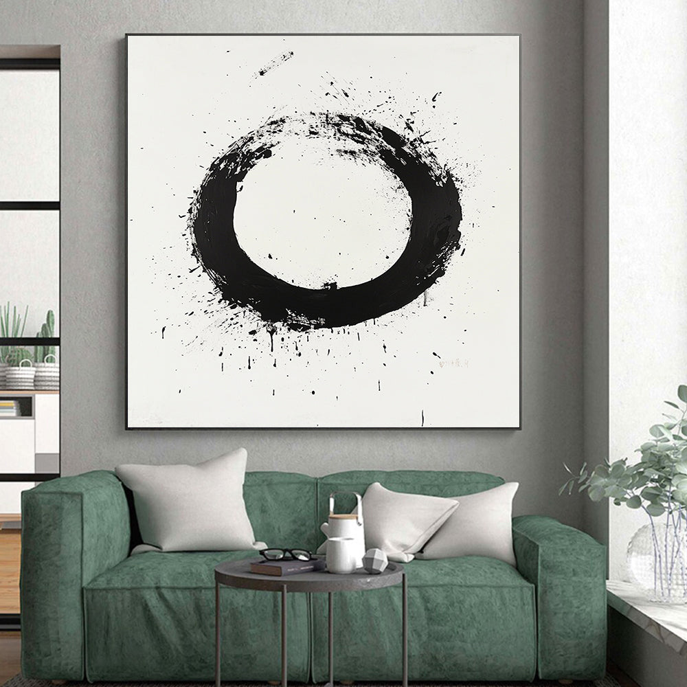 Black Circular Brushstroke with Splatter & Drip - “Classic Enso Expression” Painting On Canvas HB250