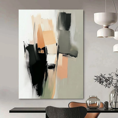 Contemporary hand-painted abstract art featuring thick brushstrokes in neutral tones of beige and black with geometric shapes and soft edges. DLZ0430