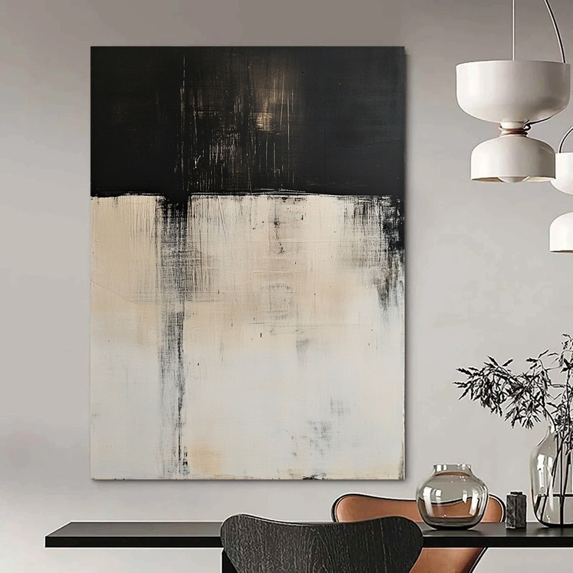 Contemporary abstract art features large white and black color blocks with blurred edges and delicate textures in high definition minimalist style. DLZ0712