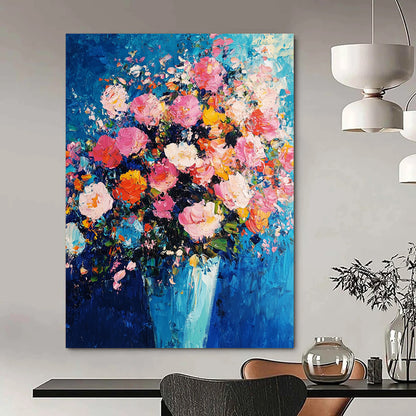 Abstract expressionism captures vibrant pink and blue hues with thick brush strokes and texture, creating a dynamic floral arrangement against an indigo background. DLZ1277