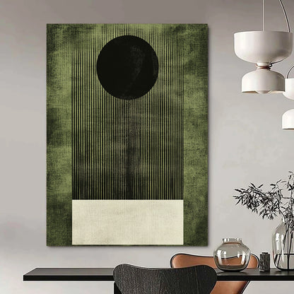 Contemporary abstract artwork featuring a dark green background with a white square and grainy texture highlighting a bold black circle. DLZ1610