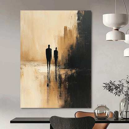 Contemporary abstract painting featuring minimalist human figures in dark beige and black against a blurred cityscape with textured canvas and soft lighting. DLZ0556