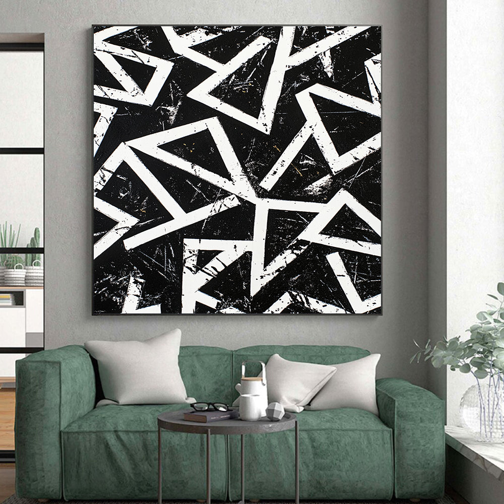 Black, White, Geometric Triangles "Monochrome Maze" Abstract Op - Art Painting On Canvas HB108