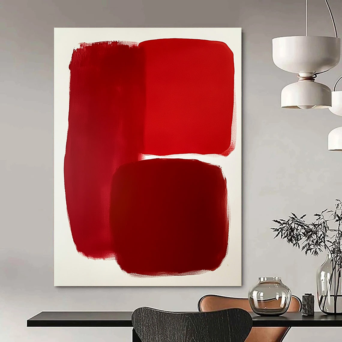 Contemporary abstract artwork featuring bold red shapes on a white background showcasing minimalist design and evocative empty spaces. DLZ1693