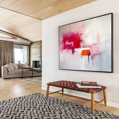 “Pink Abstract with Name” - Pink, Red, Orange, White, Text “Nancy” - Painting On Canvas HB1430