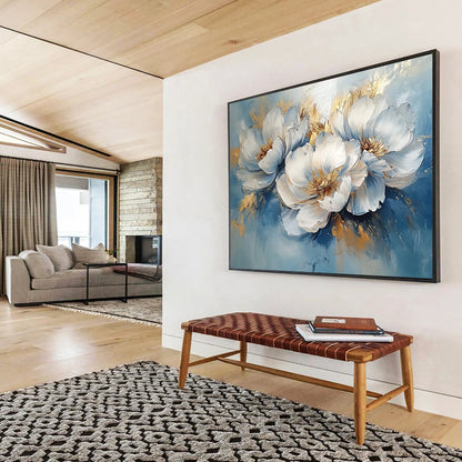 “Blue - Gold Peonies” - Blue, White, Gold with Peony Blooms - Impasto Oil Painting HB1346