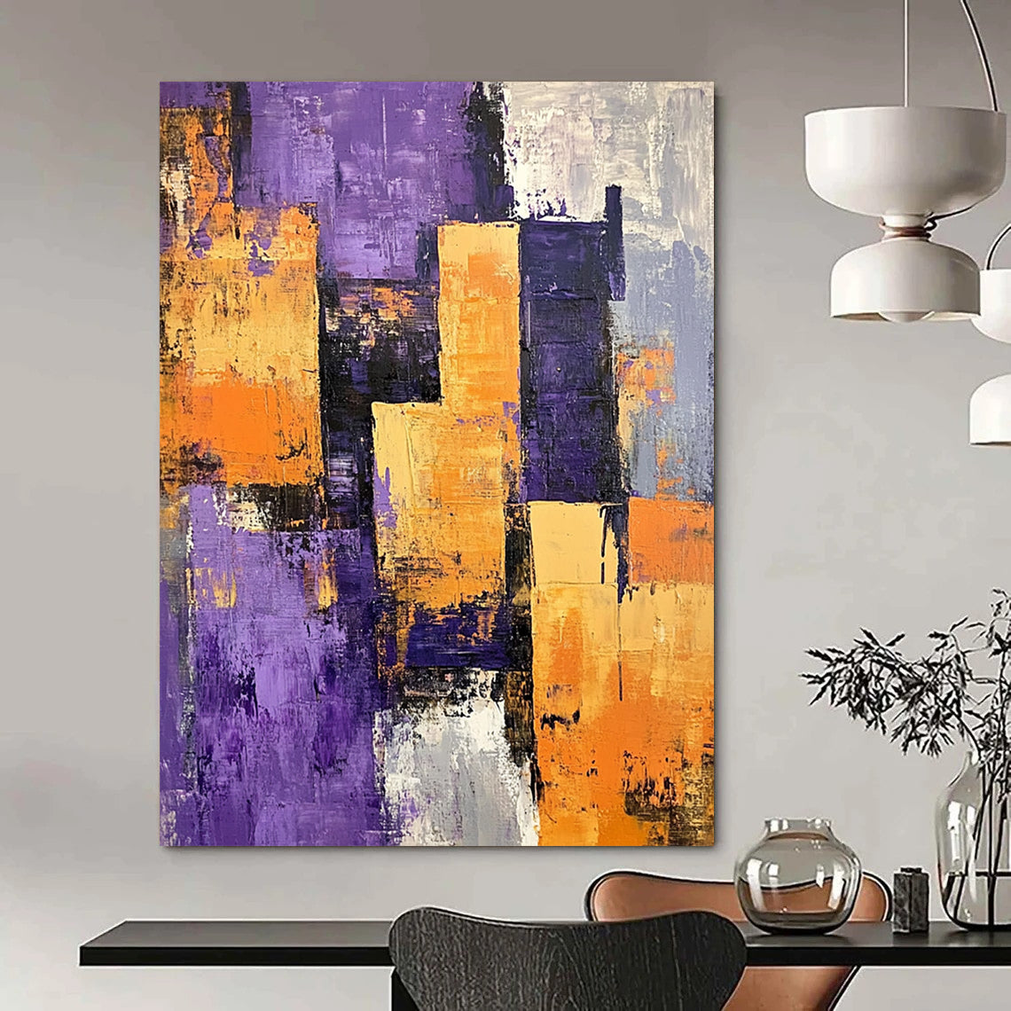 Contemporary abstract painting featuring a textured purple orange and grey cityscape with large buildings casting shadows across vibrant layers. DLZ0990