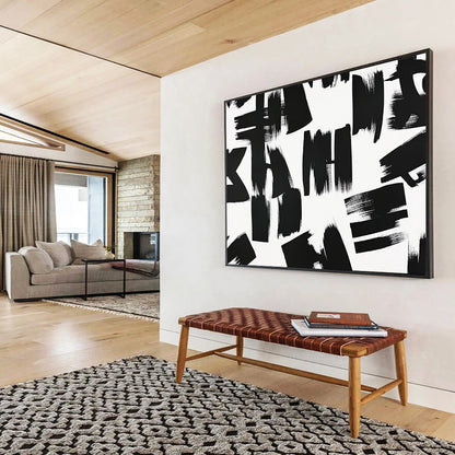 “Chaotic Black - White Brush Marks” - Black, White, Dynamic Marks Painting On Canvas HB0805