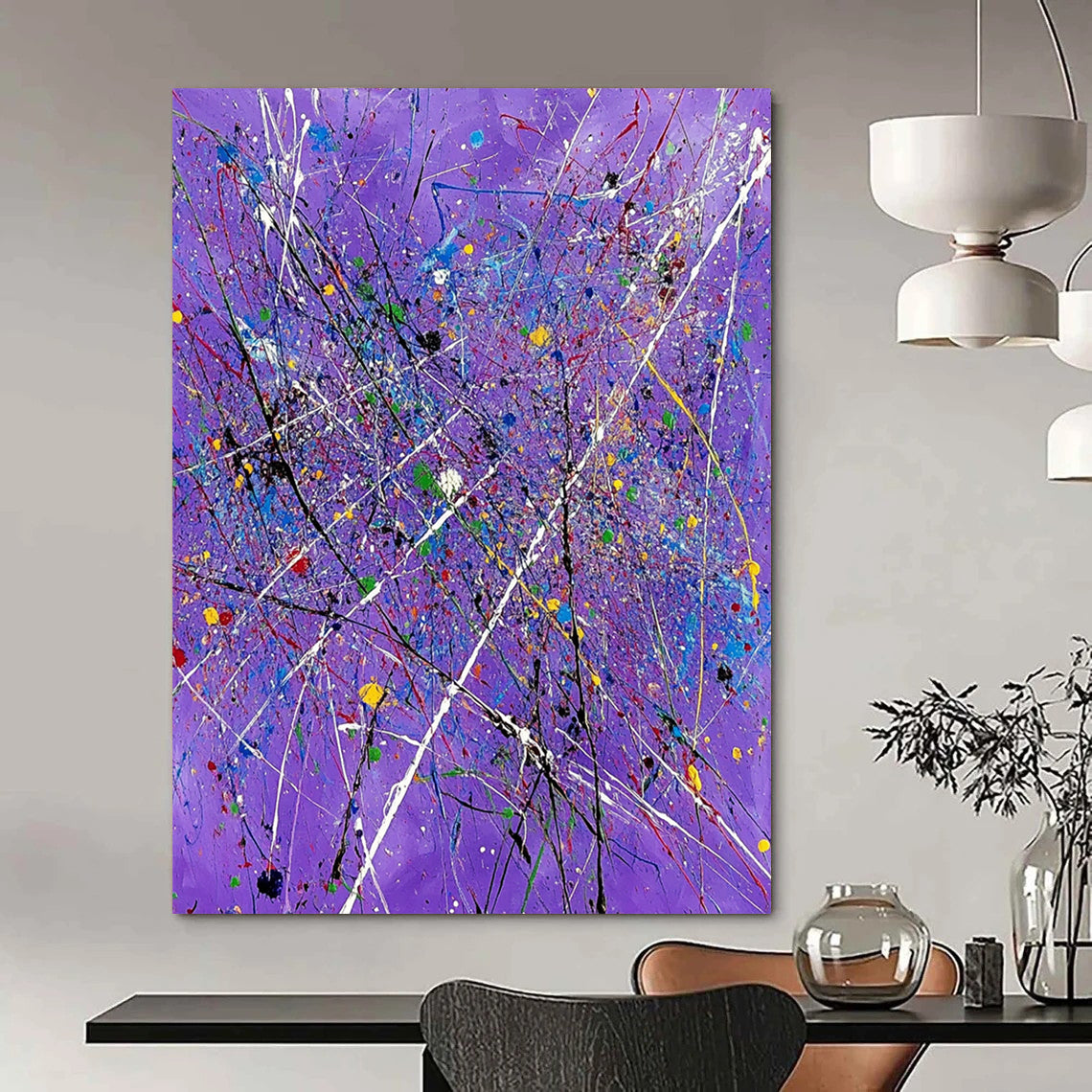 Contemporary abstract art features a vibrant purple backdrop with expressive white lines and colorful splatters, perfect for elevating any space. DLZ0720