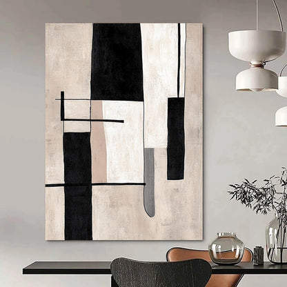 Contemporary hand-painted abstract artwork featuring minimalist black and white lines and simple shapes on a beige background. DLZ1394