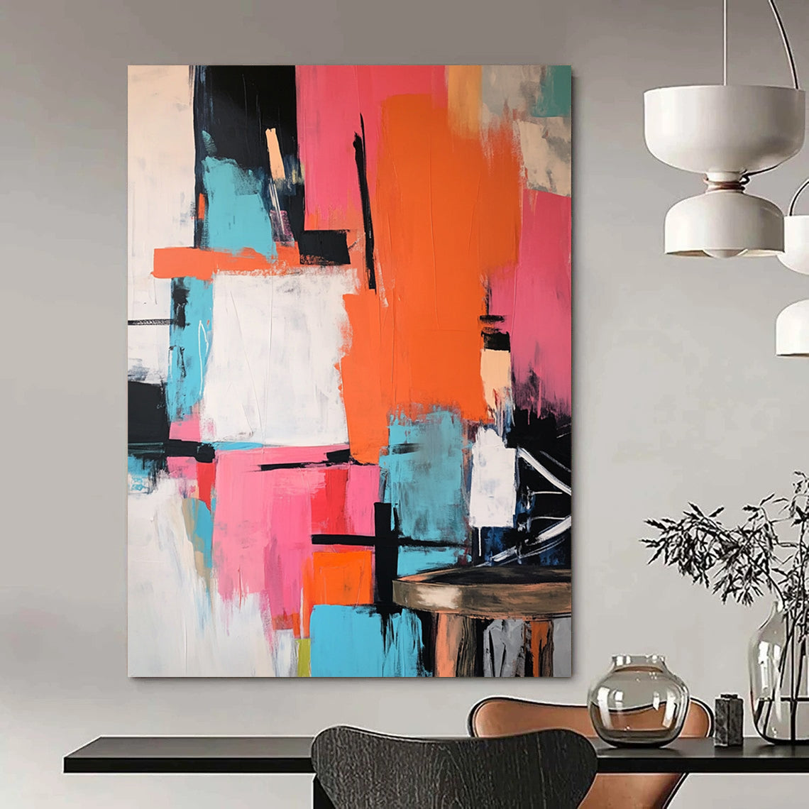 Contemporary abstract artwork featuring vibrant pink orange teal with bold black strokes large color blocks and dynamic shapes on a textured canvas. DLZ0903