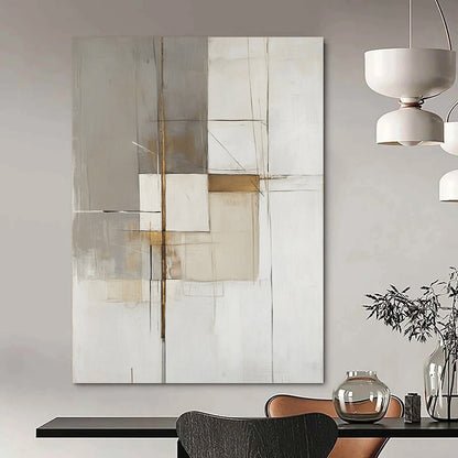 Large contemporary hand-painted abstract artwork features white gray and beige organic shapes with gold accents and heavy brushwork on a minimalist background. DLZ1742