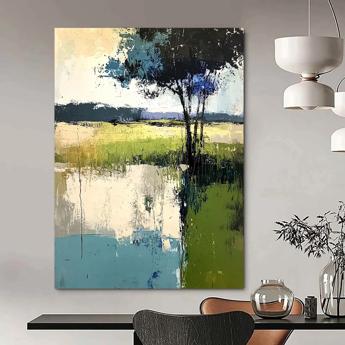 Contemporary abstract painting featuring soft edges trees and grass in muted greens blues and grays created with thick brush strokes and palette knife techniques. DLZ0419
