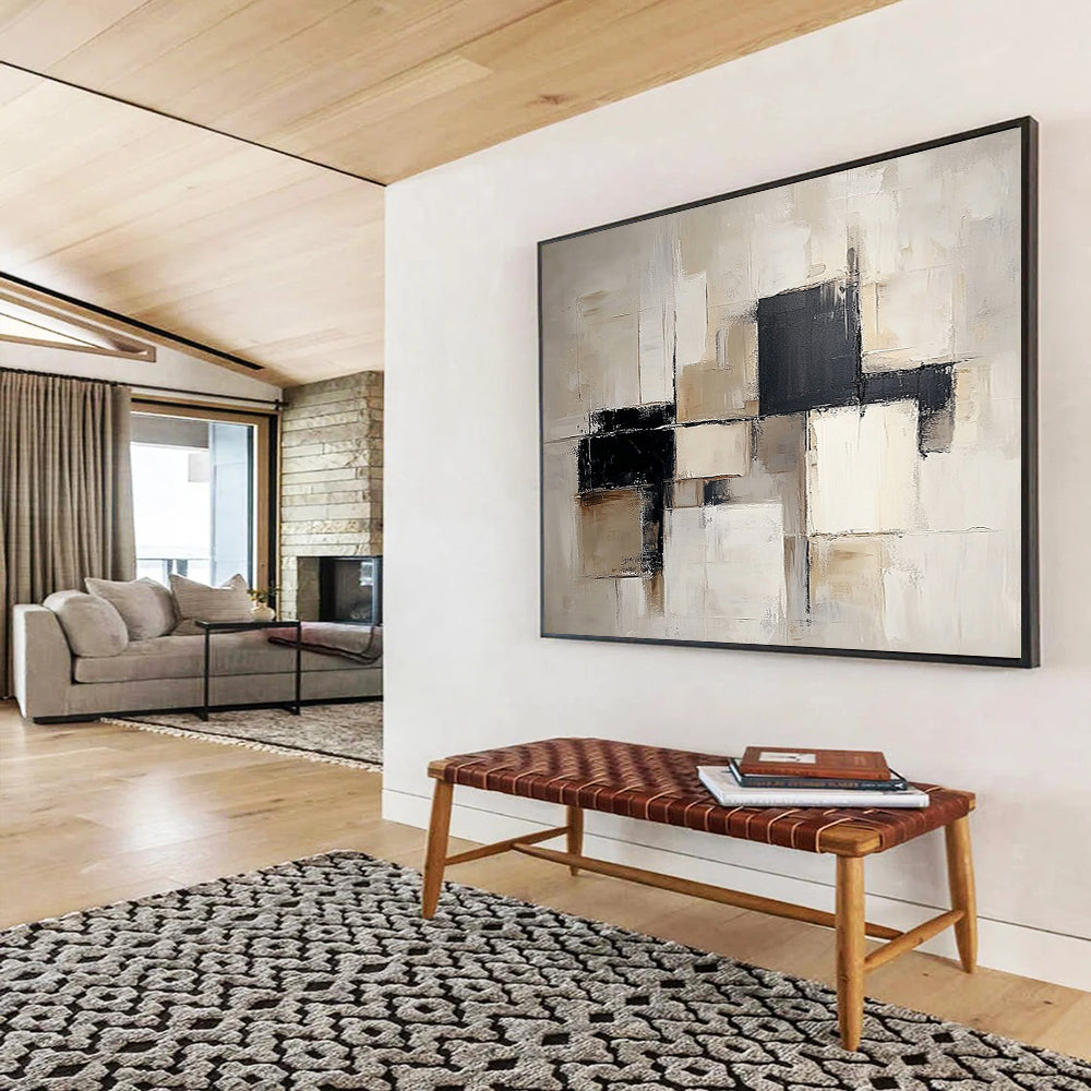 “Neutral Geometric Blocks” - Beige, Black, White, Abstract Cubes Painting On Canvas HB1054