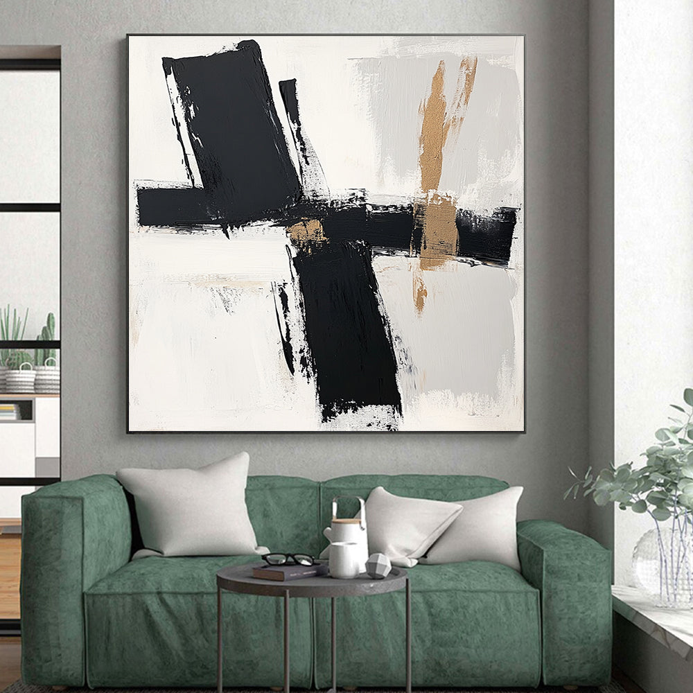 Black, White, Beige, Bold Brushstrokes "Minimalist Crossroads" Abstract Contemporary Painting On Canvas HB050