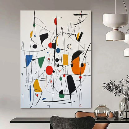 Contemporary abstract artwork featuring expressive shapes in vibrant colors with black red circles green blue squares and dynamic lines evocative of Joan Miró's style. DLZ1511