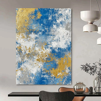 Contemporary hand-painted abstract art featuring a textured blend of blue gold white beige and silver tones for a sophisticated decor accent. DLZ0340