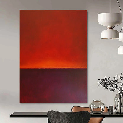 Contemporary hand-painted abstract art featuring a horizon line with rich red and purple hues against a solid background. DLZ1385