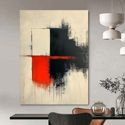 Contemporary hand-painted abstract art features thick dark gray brushstrokes with red accents on a white background showcasing elegant shapes and lines. DLZ1638