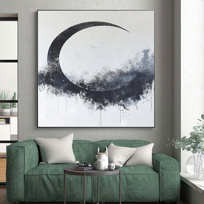 Black, White, Gray, Textured Crescent "Midnight Moon" Abstract Expressionist Painting On Canvas HB092