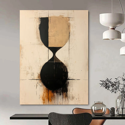 Contemporary abstract painting showcasing an hourglass in beige and black shapes with thin lines on a textured white background. DLZ1317