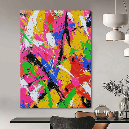 Dynamic contemporary abstract art featuring chaotic splatter in neon colors with bold brushstrokes evokes joy and energy for vibrant spaces. DLZ1256