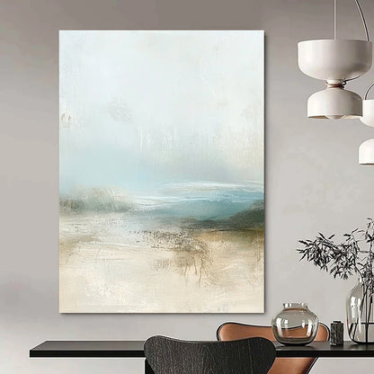 Contemporary abstract painting featuring muted pastel colors and calming beige and pale blue tones with soft atmospheric clouds. DLZ0282