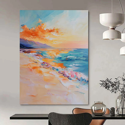 Contemporary abstract oil painting of the sea featuring golden sunset light vibrant orange and blue tones and detailed brushstrokes conveying tranquility and calmness DLZ1120