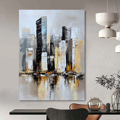 Contemporary abstract painting featuring a textured neutral-toned skyline with soft brushstrokes and serene reflections on water in a muted atmosphere. DLZ0852