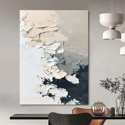 Abstract hand-painted contemporary art featuring textured icebergs and melting snowflakes in muted neutral colors with thick brush strokes on a minimalist white background. DLZ0426