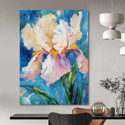 Contemporary abstract art featuring an iris flower with thick impasto brush strokes in white and pink, yellow hints, and teal green leaves against a blue background. DLZ1671