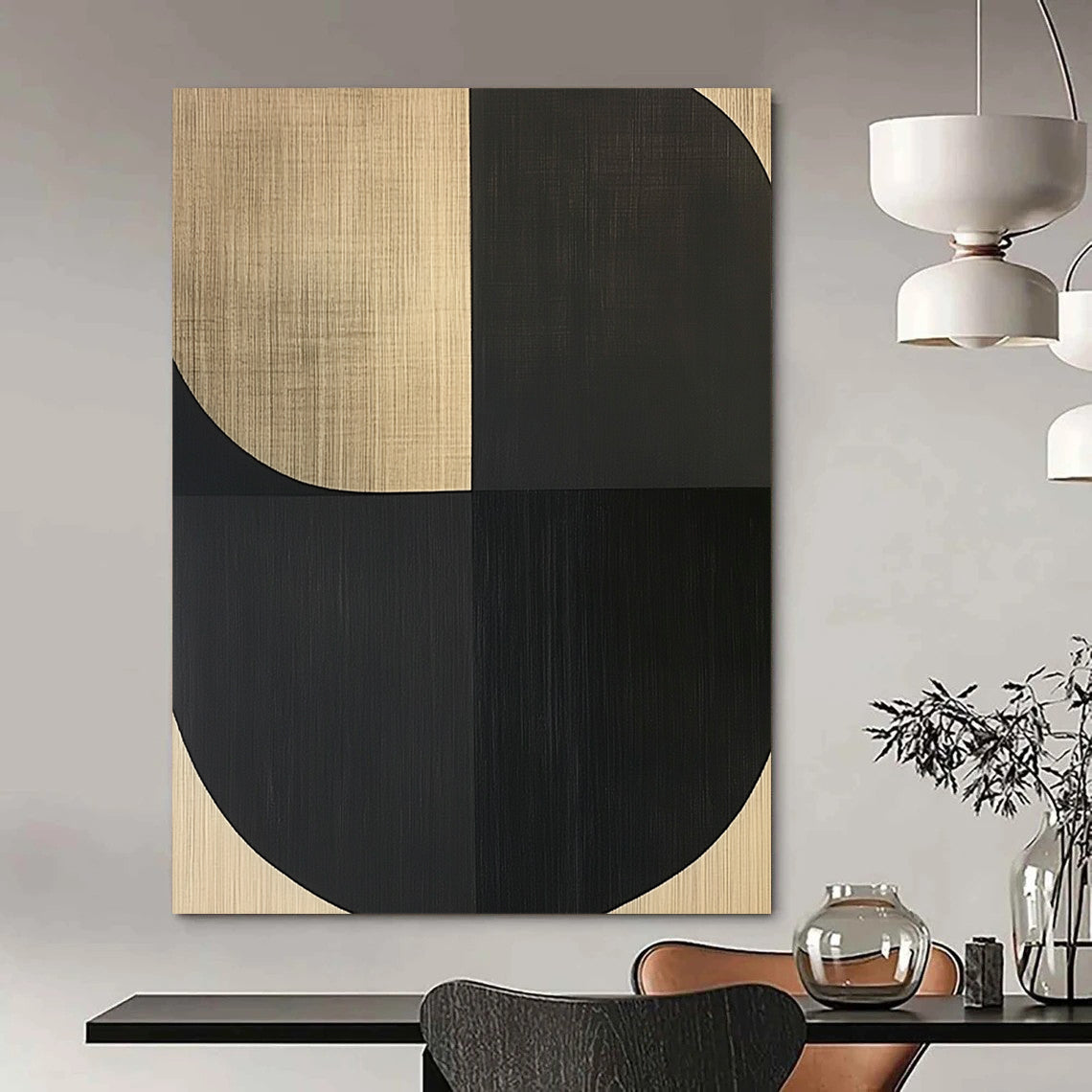 Contemporary abstract painting featuring bold shapes and simple lines on wood grain background, creating an elegant atmosphere of calm and tranquility. DLZ1535