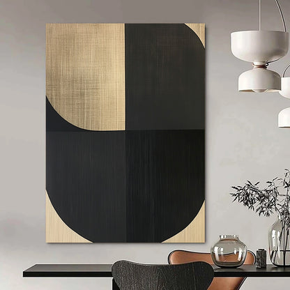 Contemporary abstract painting featuring bold shapes and simple lines on wood grain background, creating an elegant atmosphere of calm and tranquility. DLZ1535