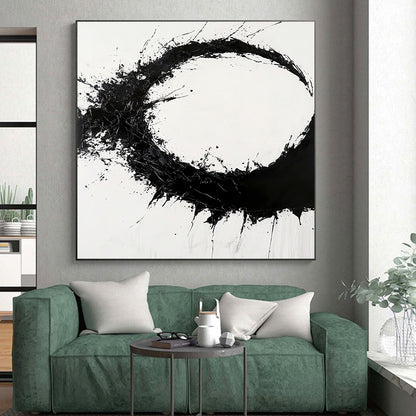 Black Splattered Circular Ink - “Dynamic Enso Energy” Painting On Canvas HB231
