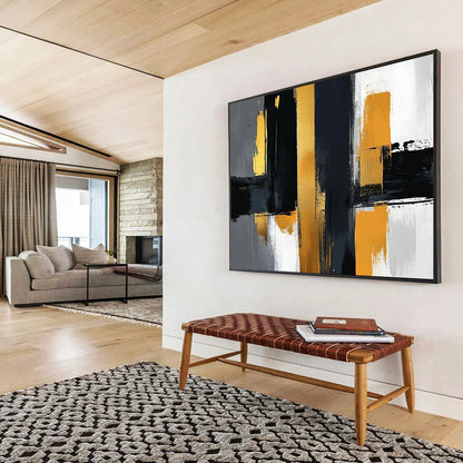 “Geometric Gold - Black Columns” - Gold, Black, Gray, Geometric Columns Painting On Canvas HB0807