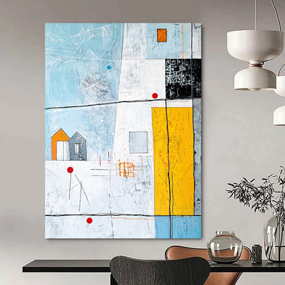Large contemporary hand-painted abstract artwork featuring vibrant lines and shapes with an architectural drawing and a house on a light blue background. DLZ0987
