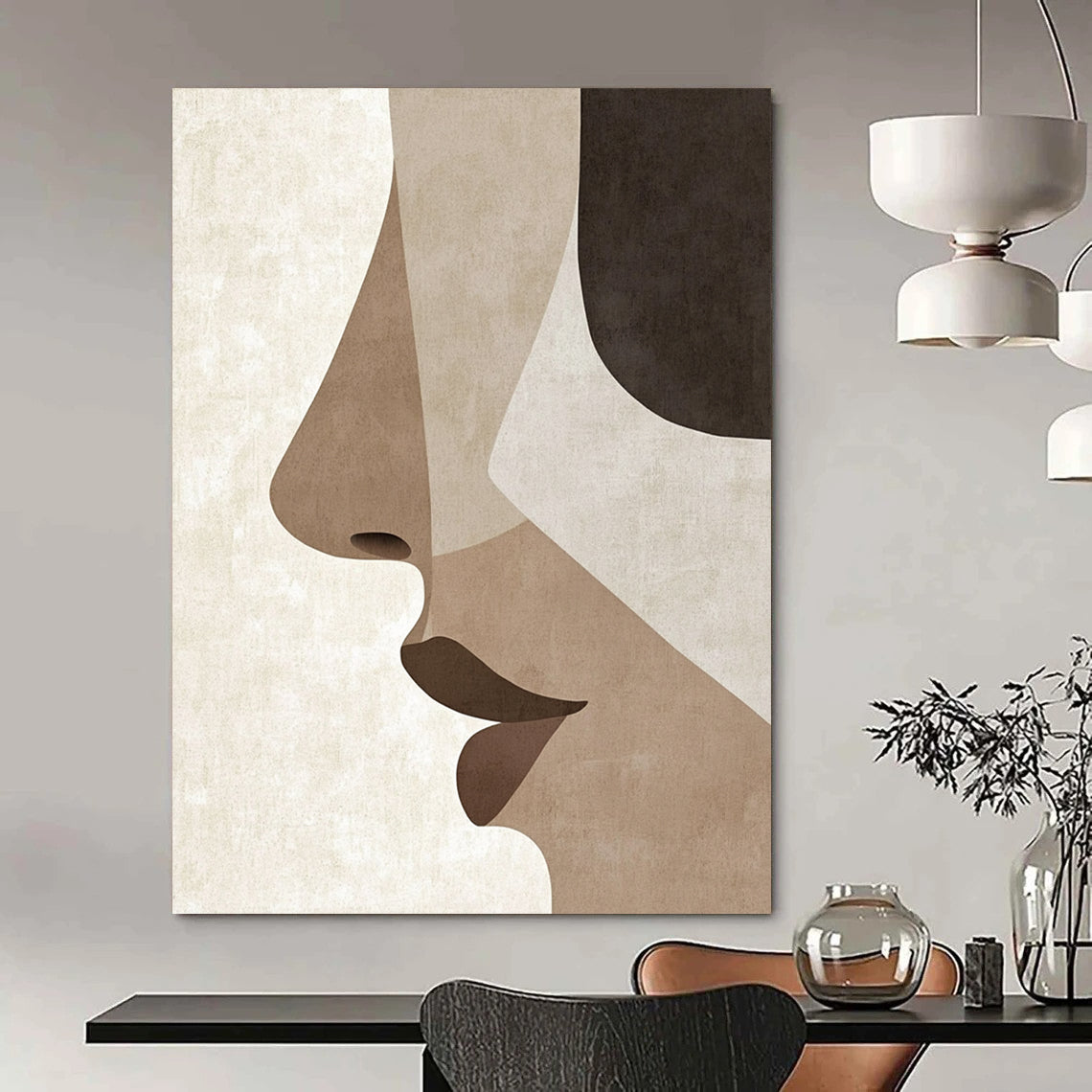 Contemporary hand-painted abstract art showcases minimalist Japandi style with simple facial features and a serene palette of earthy tones. DLZ1628