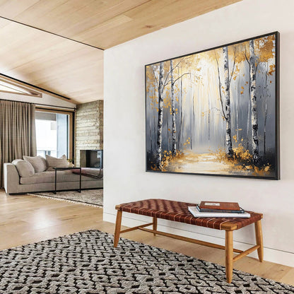 “Sunlit Golden Birch Forest Path” - Gold, Gray, Birch Trees, Forest Path - Abstract Landscape Painting HB1684