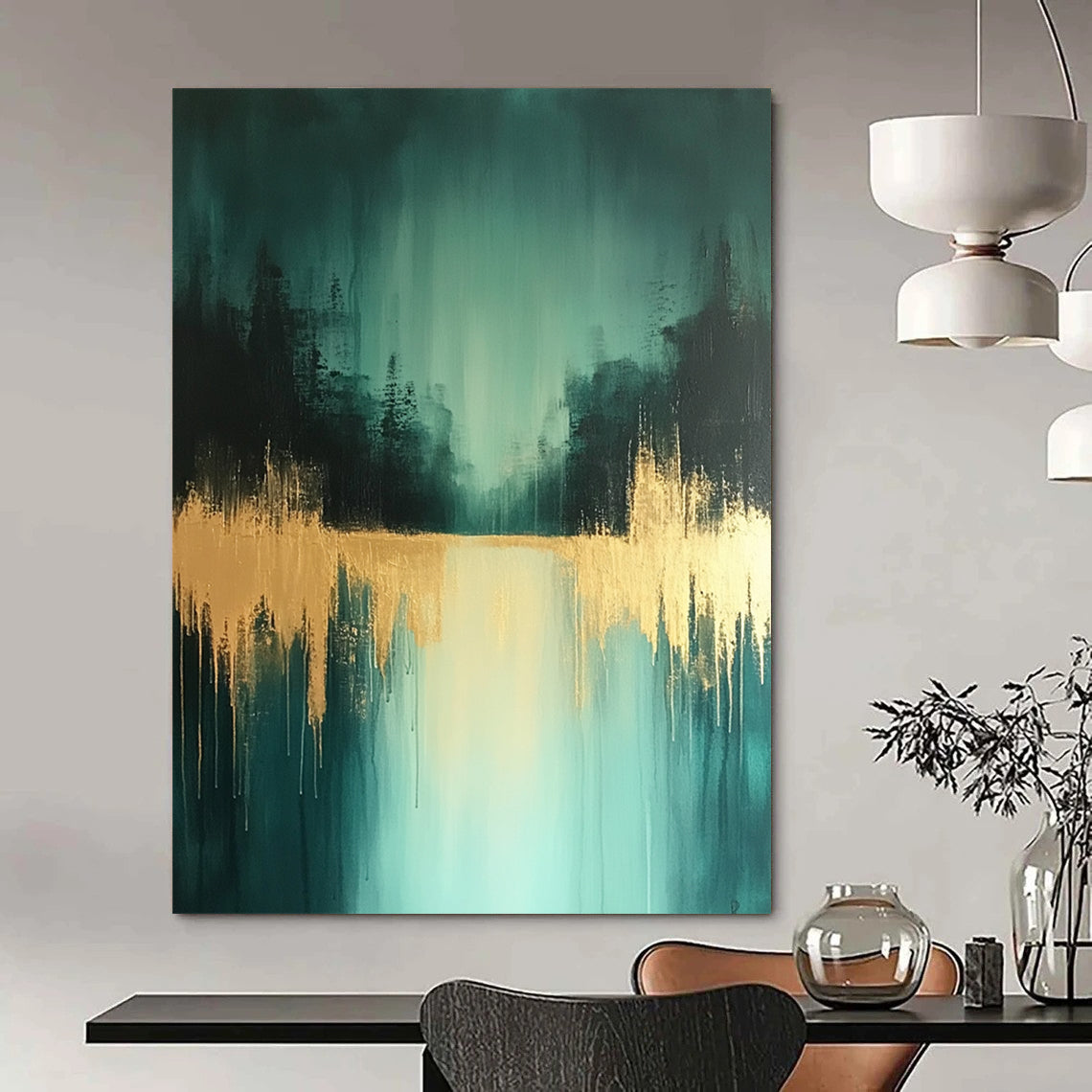 Contemporary abstract art features teal and gold shades with distant trees and a wet-on-water effect creating a serene low-contrast atmosphere. DLZ0771