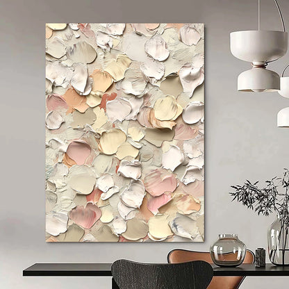 Large contemporary hand-painted abstract art featuring small flowers in cream and pink hues with thick impasto texture against a white background. DLZ0641