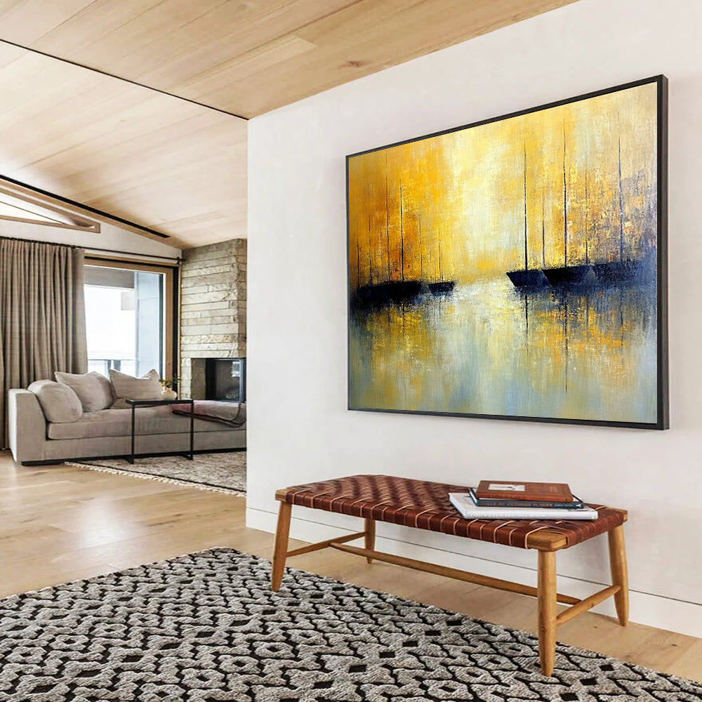 “Golden Sailboat Abstract” - Yellow, Blue, Black with Sailboat Silhouettes - Painting On Canvas HB1383