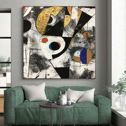 Black, White, Gold, Red and Blue Geometric Abstraction "Cosmic Collision" Painting On Canvas HB323